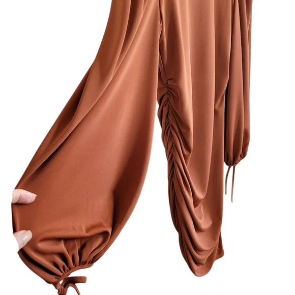 LOVERS and FRIENDS Suki Cinnamon Rust Ruched Puff Sleeve Asymmetrical Dress L - Picture 3 of 9